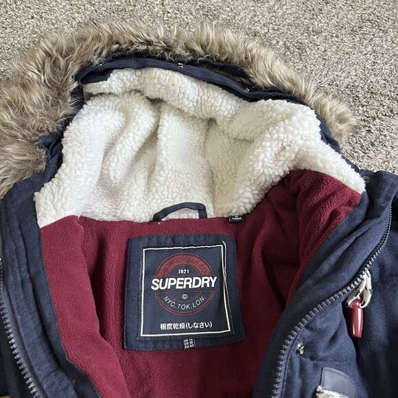 Superdry Tall Marl Toggle Puffer Jacket US 10 Navy Blue Hooded Faux Fur Trim - Picture 5 of 9